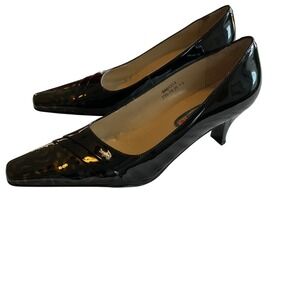 Cartelo Womens Black Patent Leather Square Toe Heels Crocodile Logo Size 36